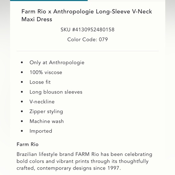 Farm Rio x Anthropologie Long-Sleeve V-Neck
Maxi Dress -Size XS - Picture 5 of 9